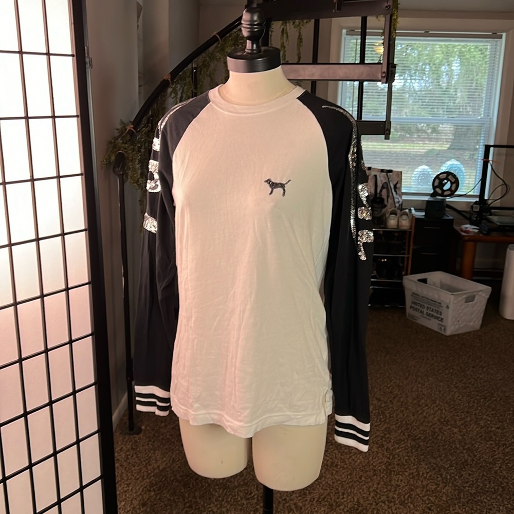 VS PINK White and Black Campus Shirt